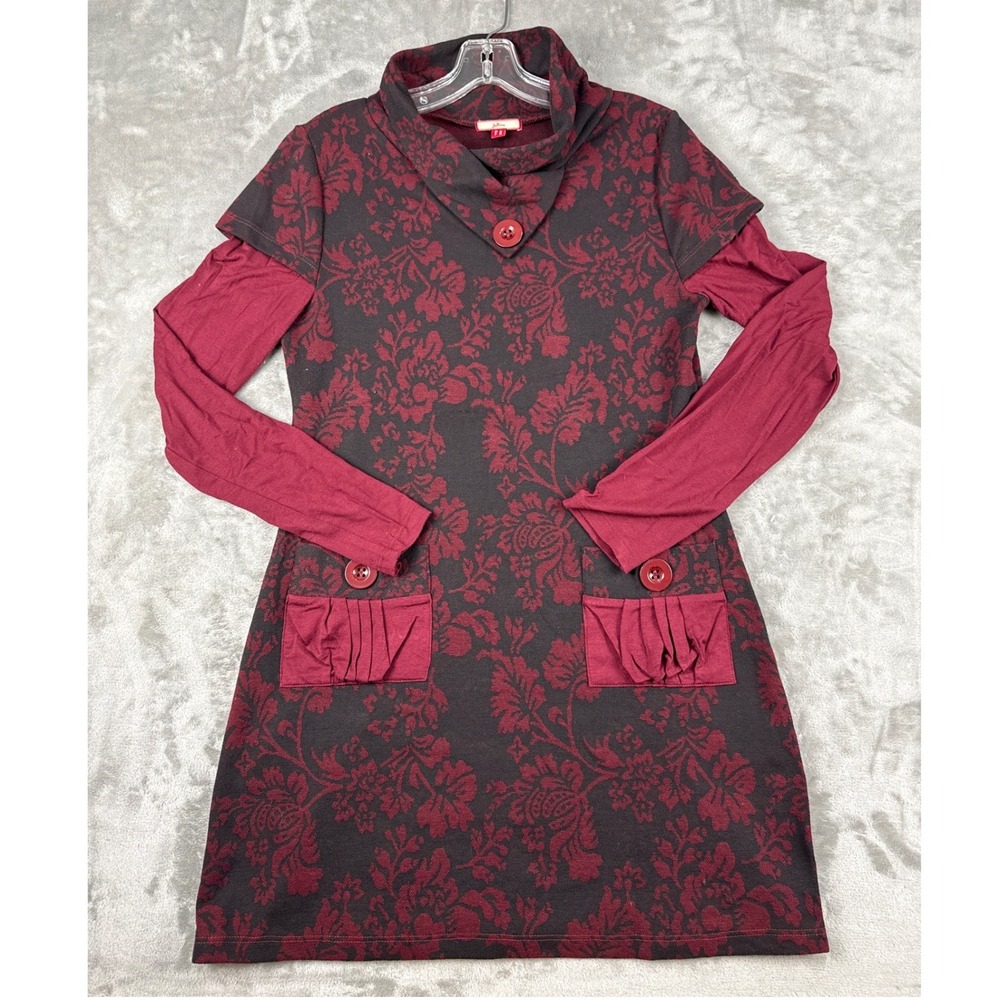 Joe Browns Womens Burgundy Floral Damask Cowl Neck Layered Tunic Dress Size 6